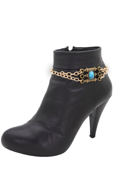 Brand New Women Boot Antique Gold Metal Chain Western Bracelet Shoe Charm Turquoise Bead