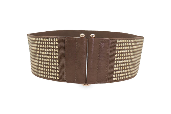 Brand New Women Brown Elastic Waistband Fashion Belt High Waist Hip Metal Dots Size S M