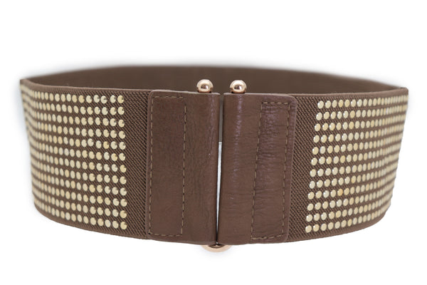 Brand New Women Brown Elastic Waistband Fashion Belt High Waist Hip Metal Dots Size S M