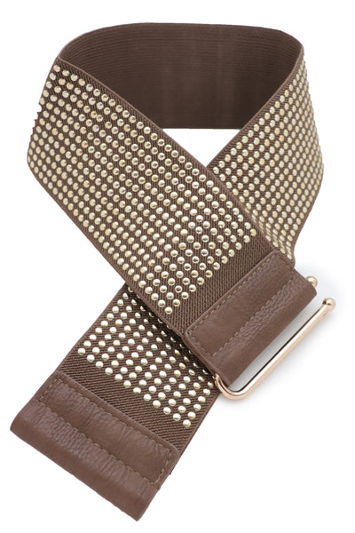 Brand New Women Brown Elastic Waistband Fashion Belt High Waist Hip Metal Dots Size S M