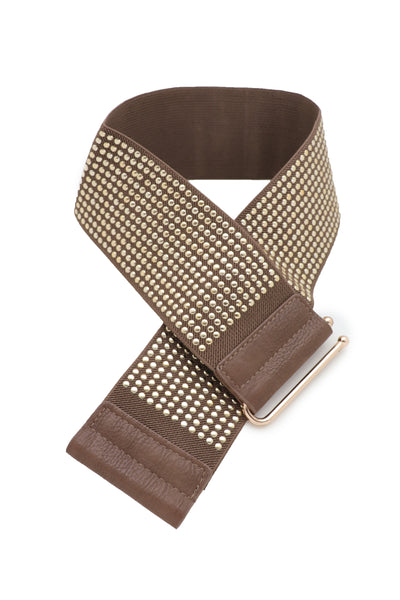 Brand New Women Brown Elastic Waistband Fashion Belt High Waist Hip Metal Dots Size S M