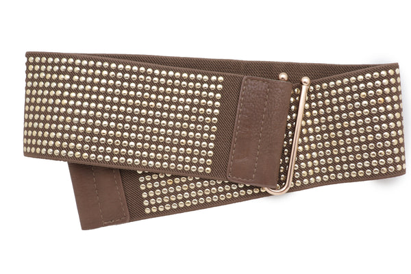 Brand New Women Brown Elastic Waistband Fashion Belt High Waist Hip Metal Dots Size S M