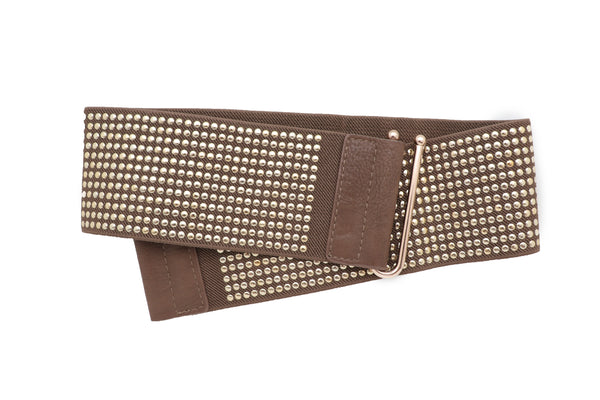 Brand New Women Brown Elastic Waistband Fashion Belt High Waist Hip Metal Dots Size S M