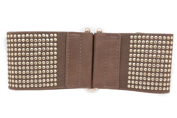 Brand New Women Brown Elastic Waistband Fashion Belt High Waist Hip Metal Dots Size S M