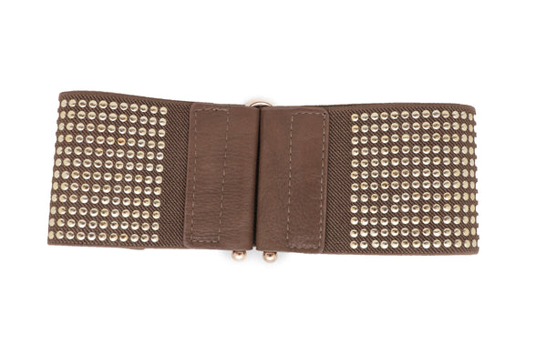 Brand New Women Brown Elastic Waistband Fashion Belt High Waist Hip Metal Dots Size S M