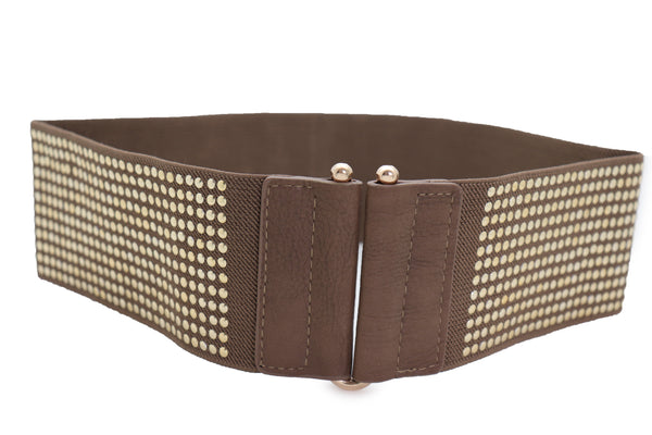 Brand New Women Brown Elastic Waistband Fashion Belt High Waist Hip Metal Dots Size S M