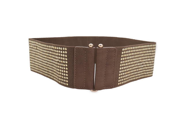 Brand New Women Brown Elastic Waistband Fashion Belt High Waist Hip Metal Dots Size S M