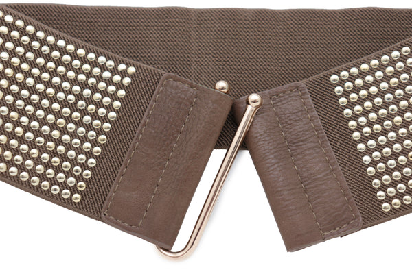 Brand New Women Brown Elastic Waistband Fashion Belt High Waist Hip Metal Dots Size S M