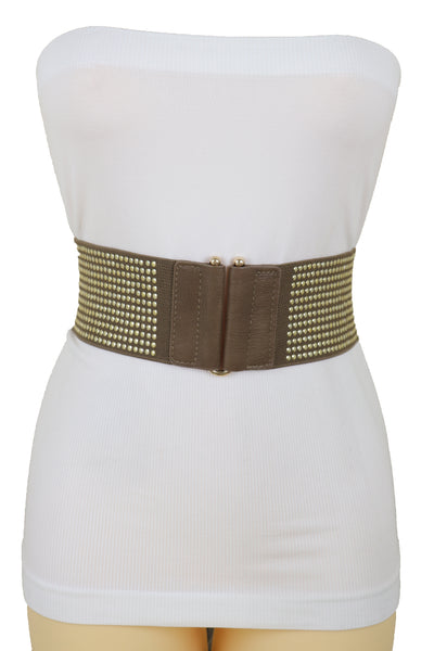 Brand New Women Brown Elastic Waistband Fashion Belt High Waist Hip Metal Dots Size S M