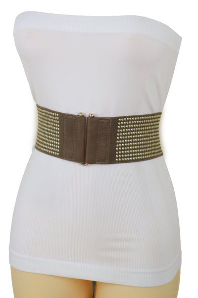 Brand New Women Brown Elastic Waistband Fashion Belt High Waist Hip Metal Dots Size S M