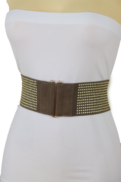 Brand New Women Brown Elastic Waistband Fashion Belt High Waist Hip Metal Dots Size S M
