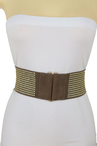 Brand New Women Brown Elastic Waistband Fashion Belt High Waist Hip Metal Dots Size S M