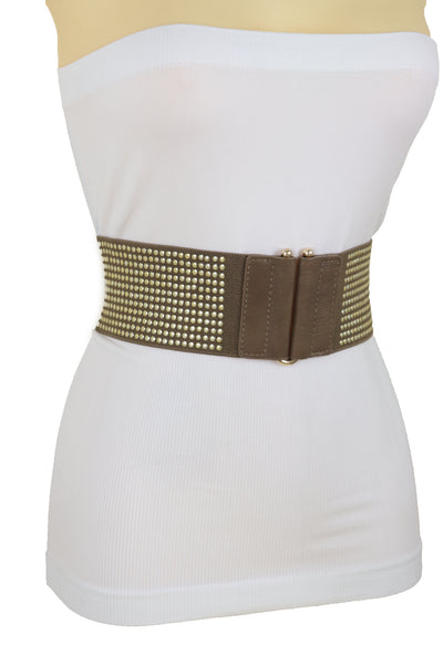 Brand New Women Brown Elastic Waistband Fashion Belt High Waist Hip Metal Dots Size S M