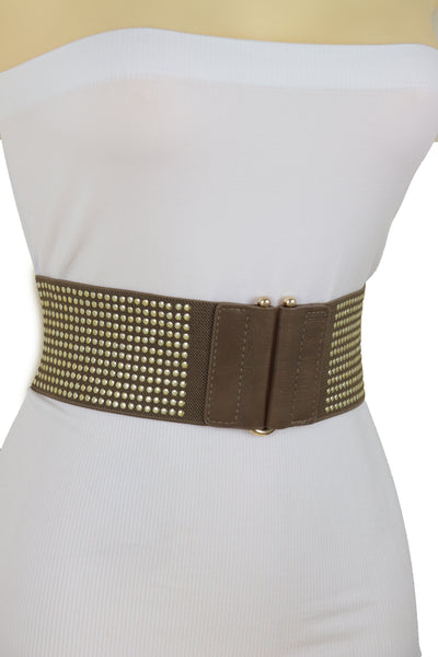 Brand New Women Brown Elastic Waistband Fashion Belt High Waist Hip Metal Dots Size S M