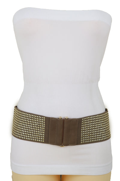 Brand New Women Brown Elastic Waistband Fashion Belt High Waist Hip Metal Dots Size S M