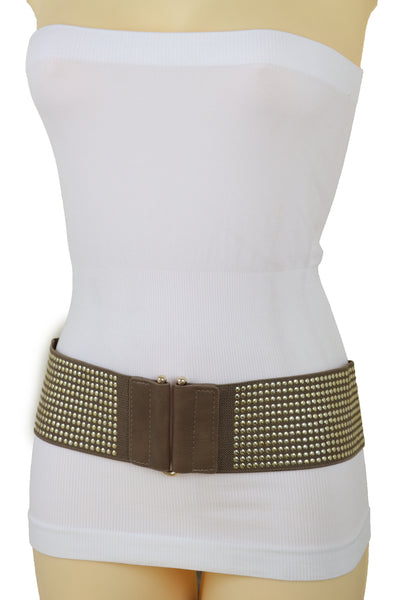 Brand New Women Brown Elastic Waistband Fashion Belt High Waist Hip Metal Dots Size S M