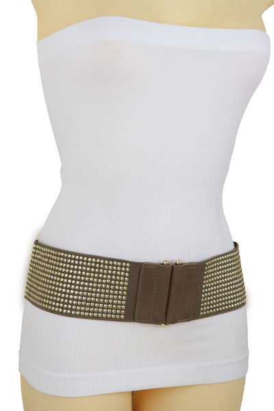 Brand New Women Brown Elastic Waistband Fashion Belt High Waist Hip Metal Dots Size S M