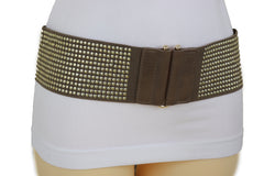 Brown Elastic Waistband Fashion Belt High Waist Hip Metal Dots Size S M