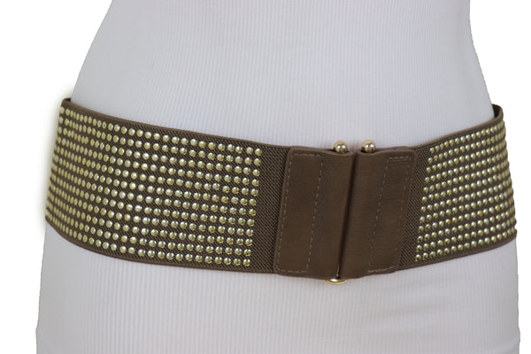 Brand New Women Brown Elastic Waistband Fashion Belt High Waist Hip Metal Dots Size S M
