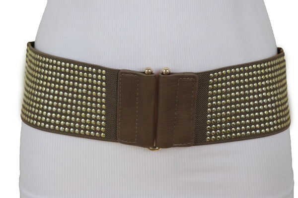 Brand New Women Brown Elastic Waistband Fashion Belt High Waist Hip Metal Dots Size S M