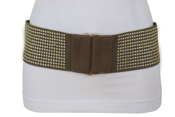 Brand New Women Brown Elastic Waistband Fashion Belt High Waist Hip Metal Dots Size S M