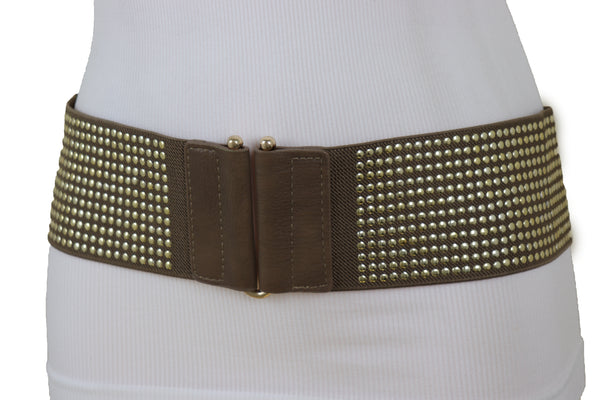 Brand New Women Brown Elastic Waistband Fashion Belt High Waist Hip Metal Dots Size S M