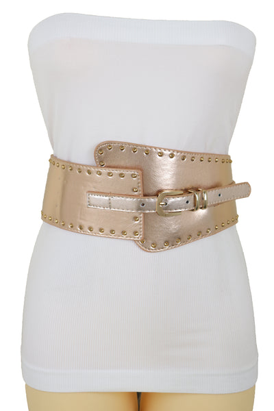 Brand New Women Wide Elastic Rose Gold Faux Leather Western Fashion Belt Metal Studs S M