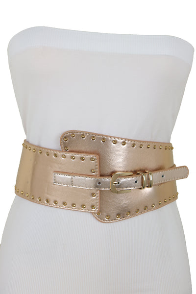 Brand New Women Wide Elastic Rose Gold Faux Leather Western Fashion Belt Metal Studs S M