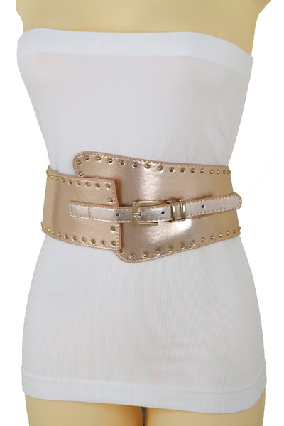 Brand New Women Wide Elastic Rose Gold Faux Leather Western Fashion Belt Metal Studs S M