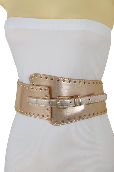 Brand New Women Wide Elastic Rose Gold Faux Leather Western Fashion Belt Metal Studs S M