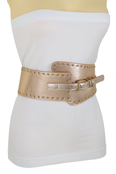Brand New Women Wide Elastic Rose Gold Faux Leather Western Fashion Belt Metal Studs S M