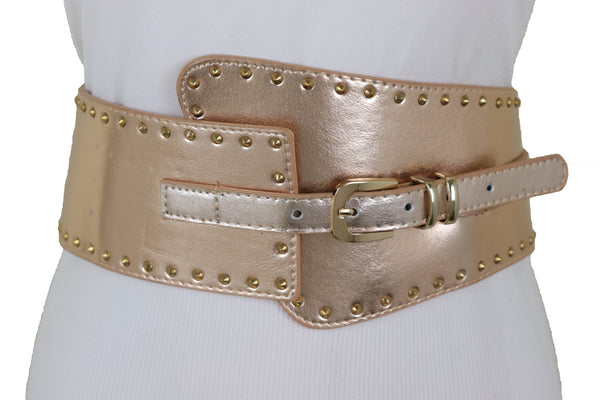Brand New Women Wide Elastic Rose Gold Faux Leather Western Fashion Belt Metal Studs S M
