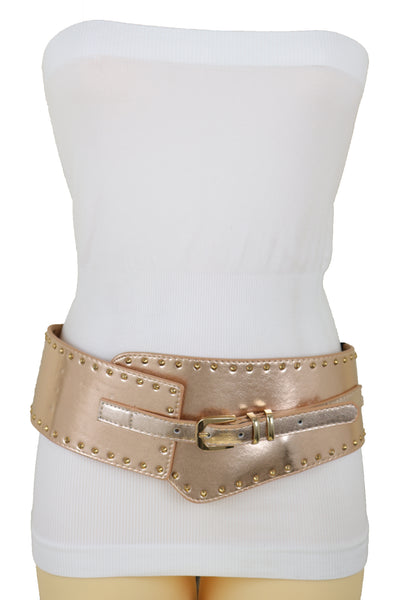 Brand New Women Wide Elastic Rose Gold Faux Leather Western Fashion Belt Metal Studs S M