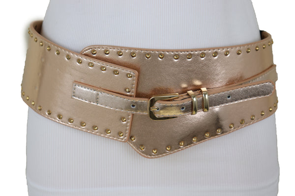 Brand New Women Wide Elastic Rose Gold Faux Leather Western Fashion Belt Metal Studs S M