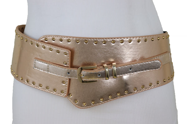 Brand New Women Wide Elastic Rose Gold Faux Leather Western Fashion Belt Metal Studs S M
