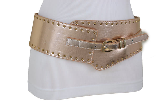 Brand New Women Wide Elastic Rose Gold Faux Leather Western Fashion Belt Metal Studs S M