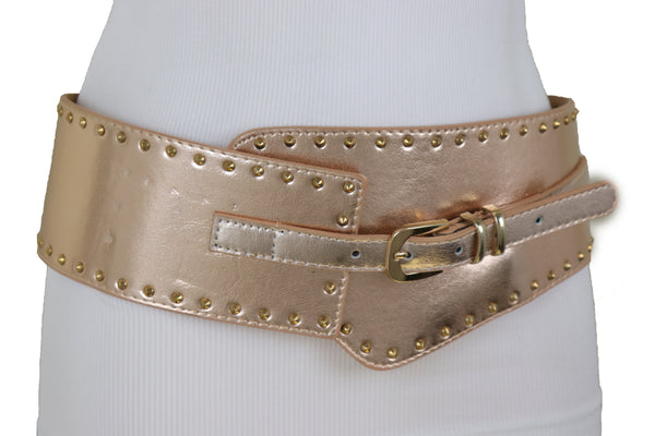 Brand New Women Wide Elastic Rose Gold Faux Leather Western Fashion Belt Metal Studs S M