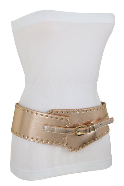 Brand New Women Wide Elastic Rose Gold Faux Leather Western Fashion Belt Metal Studs S M