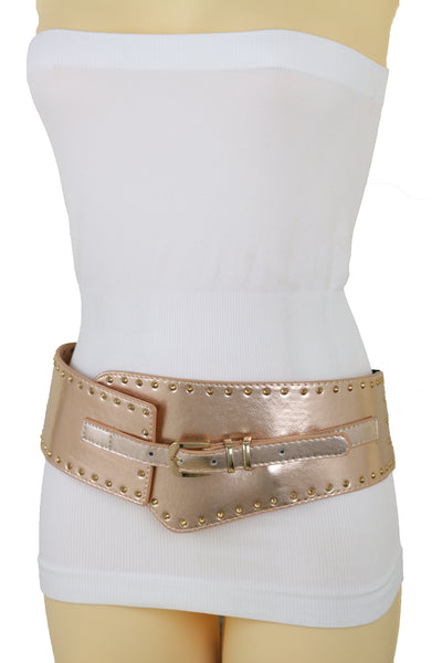Brand New Women Wide Elastic Rose Gold Faux Leather Western Fashion Belt Metal Studs S M
