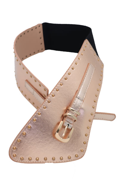 Brand New Women Wide Elastic Rose Gold Faux Leather Western Fashion Belt Metal Studs S M