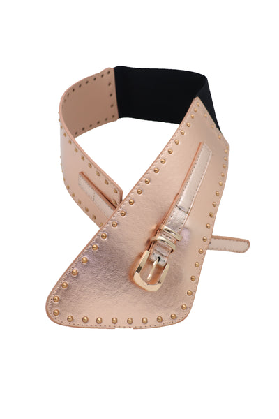 Brand New Women Wide Elastic Rose Gold Faux Leather Western Fashion Belt Metal Studs S M
