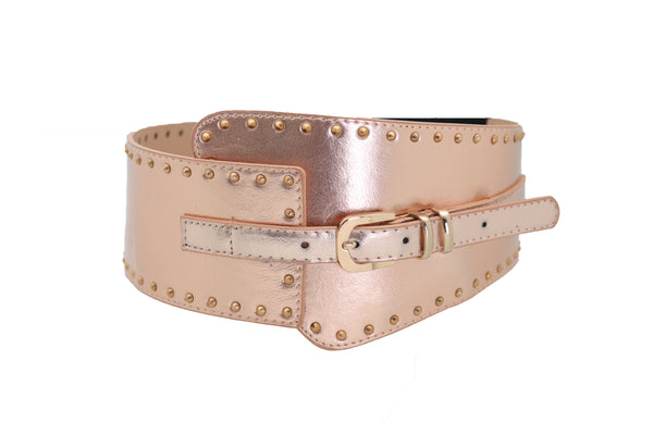 Brand New Women Wide Elastic Rose Gold Faux Leather Western Fashion Belt Metal Studs S M