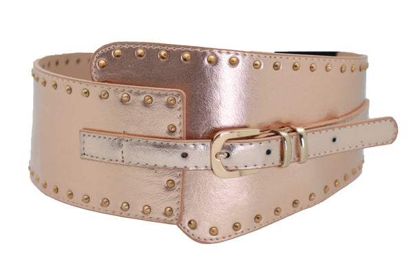 Brand New Women Wide Elastic Rose Gold Faux Leather Western Fashion Belt Metal Studs S M