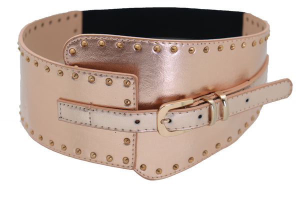 Brand New Women Wide Elastic Rose Gold Faux Leather Western Fashion Belt Metal Studs S M