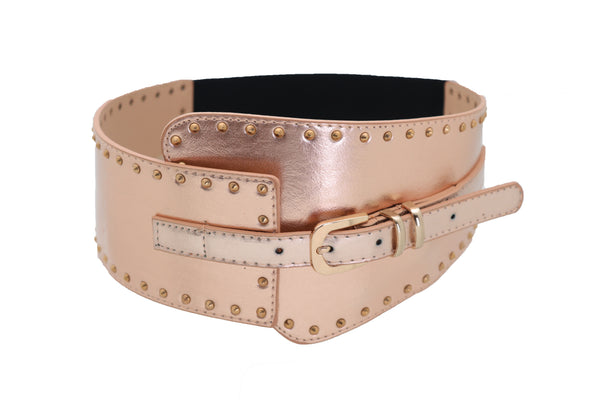 Brand New Women Wide Elastic Rose Gold Faux Leather Western Fashion Belt Metal Studs S M