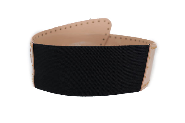 Brand New Women Wide Elastic Rose Gold Faux Leather Western Fashion Belt Metal Studs S M