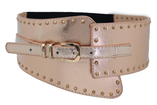 Brand New Women Wide Elastic Rose Gold Faux Leather Western Fashion Belt Metal Studs S M