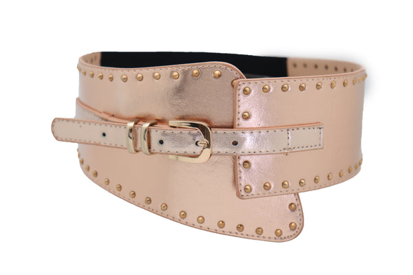 Brand New Women Wide Elastic Rose Gold Faux Leather Western Fashion Belt Metal Studs S M