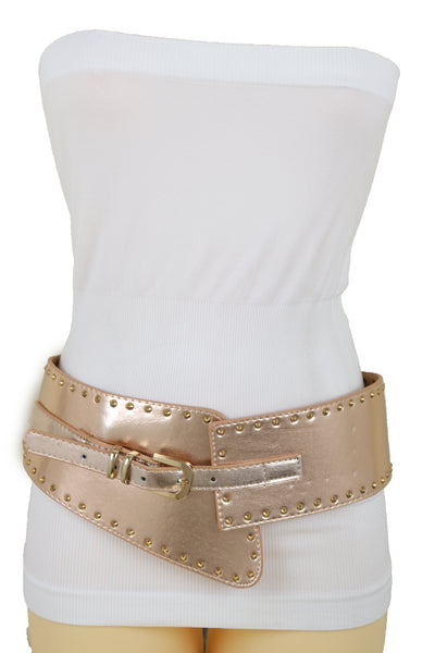 Brand New Women Wide Elastic Rose Gold Faux Leather Western Fashion Belt Metal Studs S M