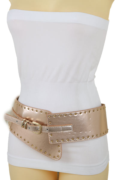 Brand New Women Wide Elastic Rose Gold Faux Leather Western Fashion Belt Metal Studs S M